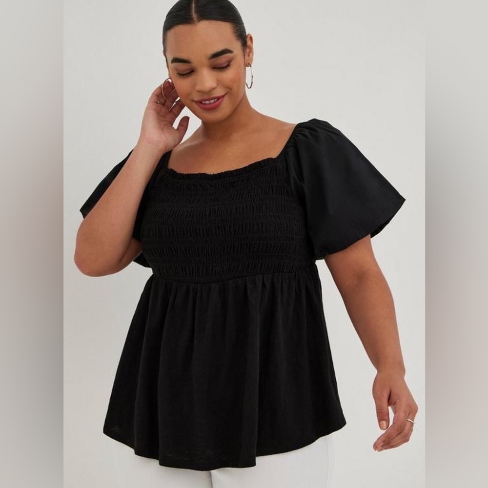 Torrid Women's Babydoll Fabric Mix Cotton Modal Smocked Bodice Puff Sleeve Top
